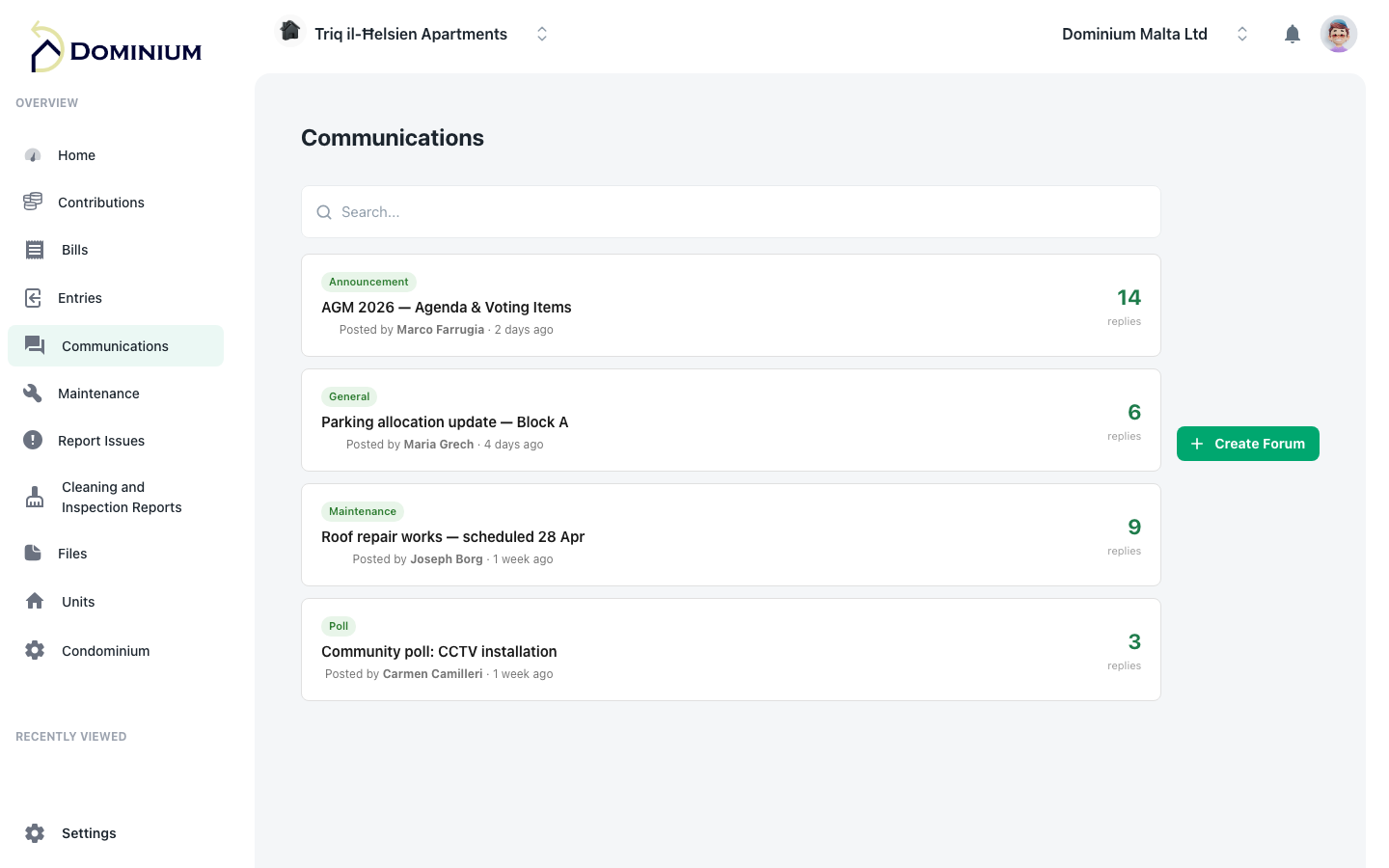 Dominium communicate with clients screen — Malta